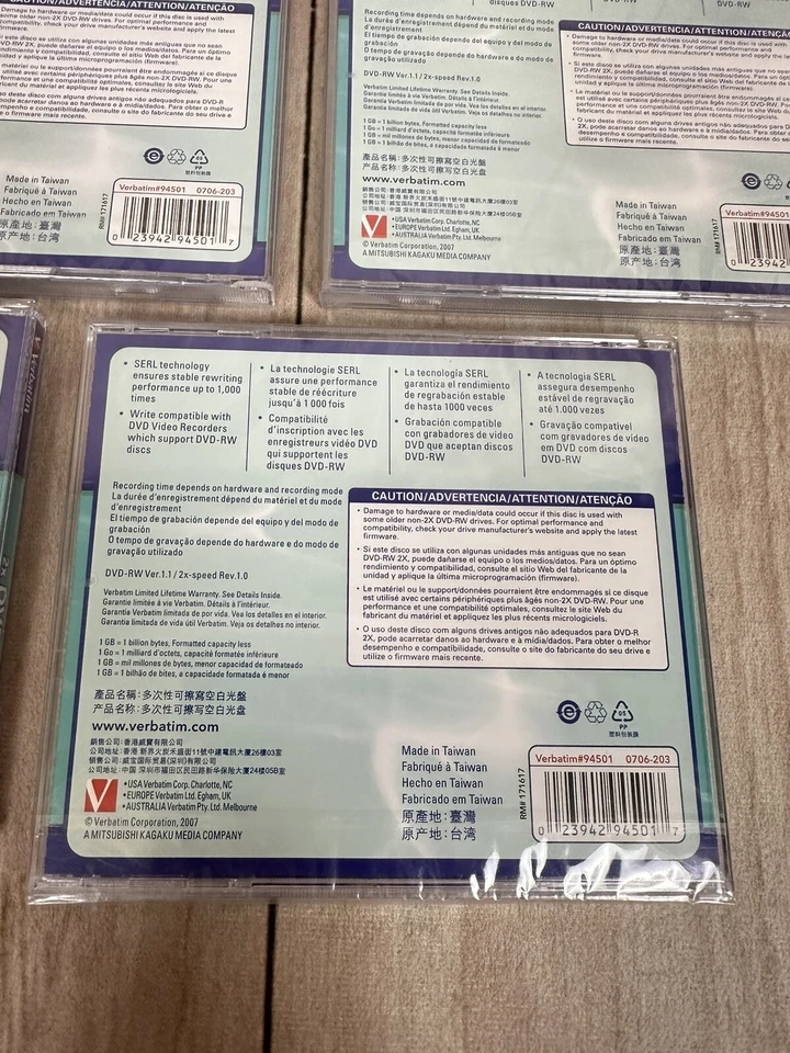 5x Brand New Sealed Verbatim DVD-RW 4.7GB 2x Speed 120 Min DVD CD Disks - Image 4 of 4