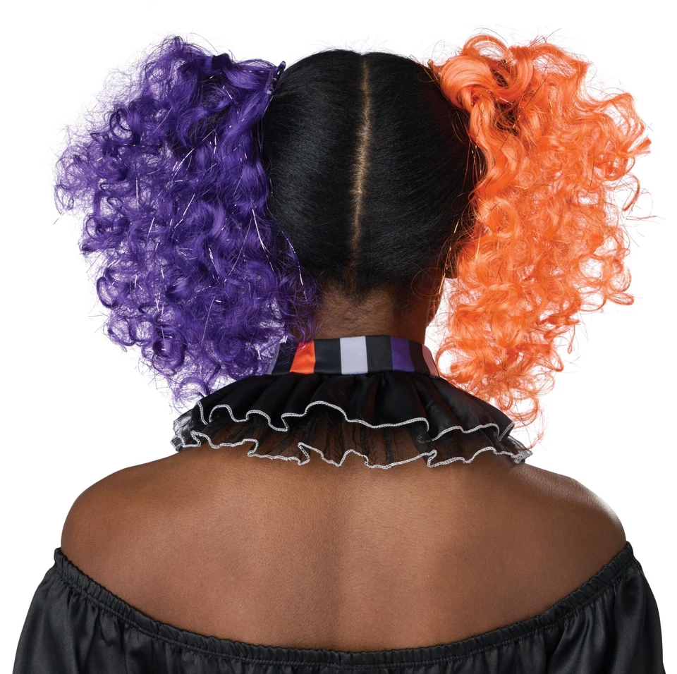 Clipes de peruca encaracolada adulto roxo e laranja palhaço circo gótico - Imagem 2 de 3