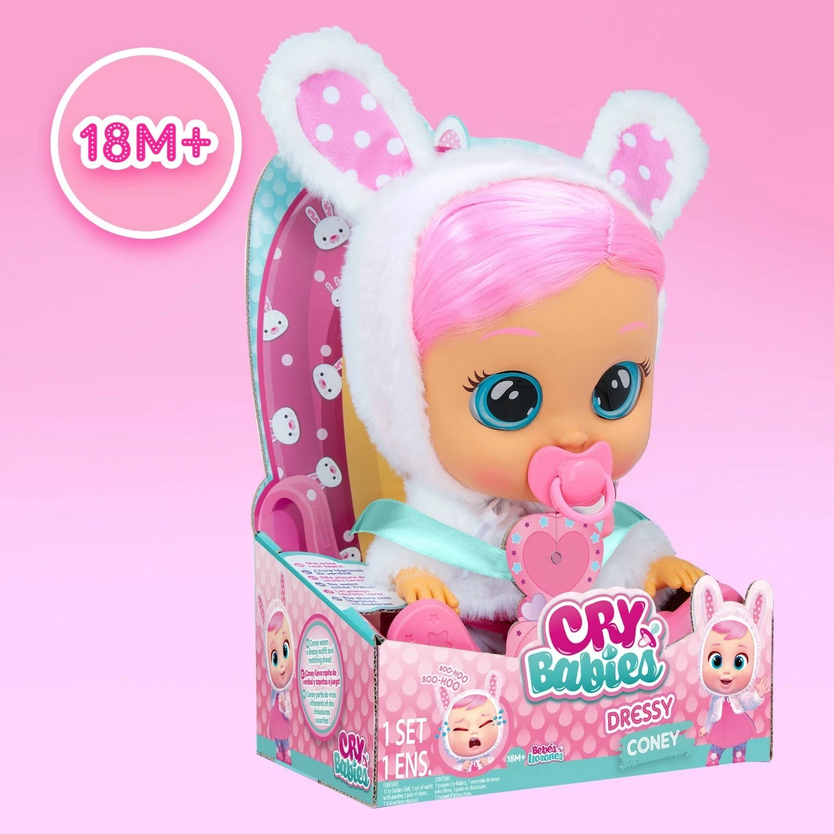 Cry Babies Magic Tears Cry Babies Dressy Coney - 12 Baby DollPink  Dress,Bunny Themed White Fluffy Jacket : : Toys & Games