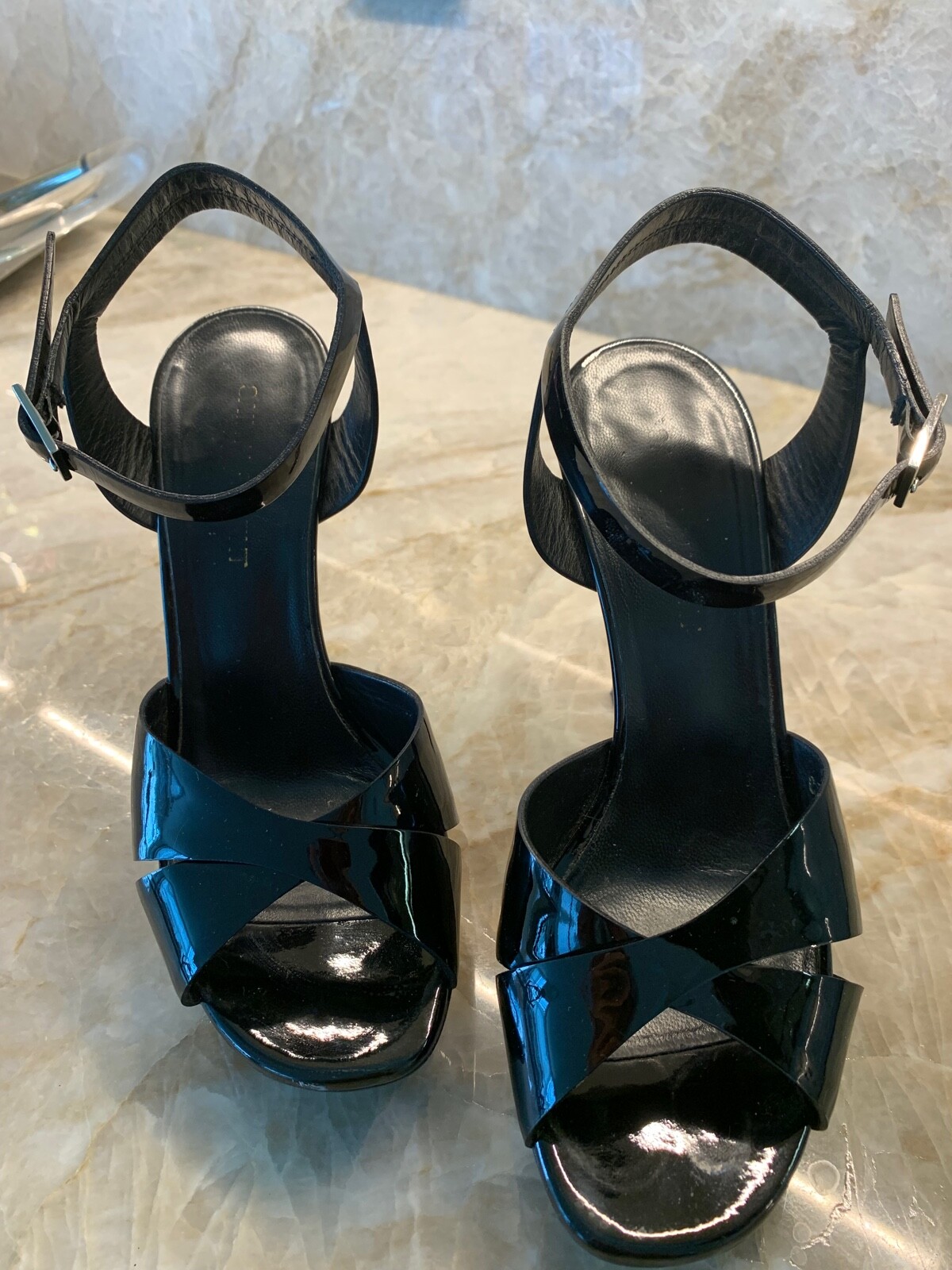 SAINT LAURENT SAINT LAUREN SANDALI NERI VERNICE TACCO 5" SCARPE MISURA 6 5