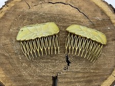 Vintage Pair Of Mother Of Pearl Carved Bumble Bee Gold Tone Hair Combs