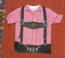 Swiss/German Oktoberfest Youth Red Lederhosen Shirt message for size avlbty 