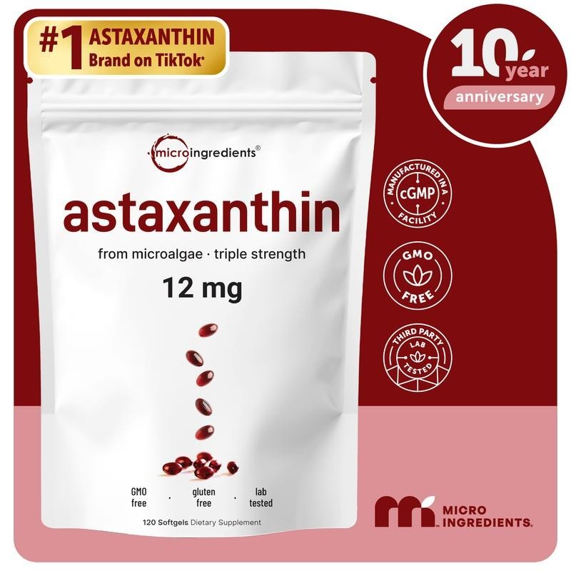 Astaxanthin 12mg, 120 Softgels | Microalgae Source, Natural Tanning Support