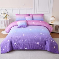 Helloosun 7PCS Pink and Purple Comforter Set Twin,Girls Galaxy Bedding
