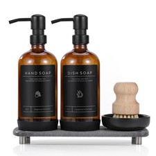Luxury Kitchen Soap Dispenser Set - 16OZ 16OZ, Amber Bottle Black Pump