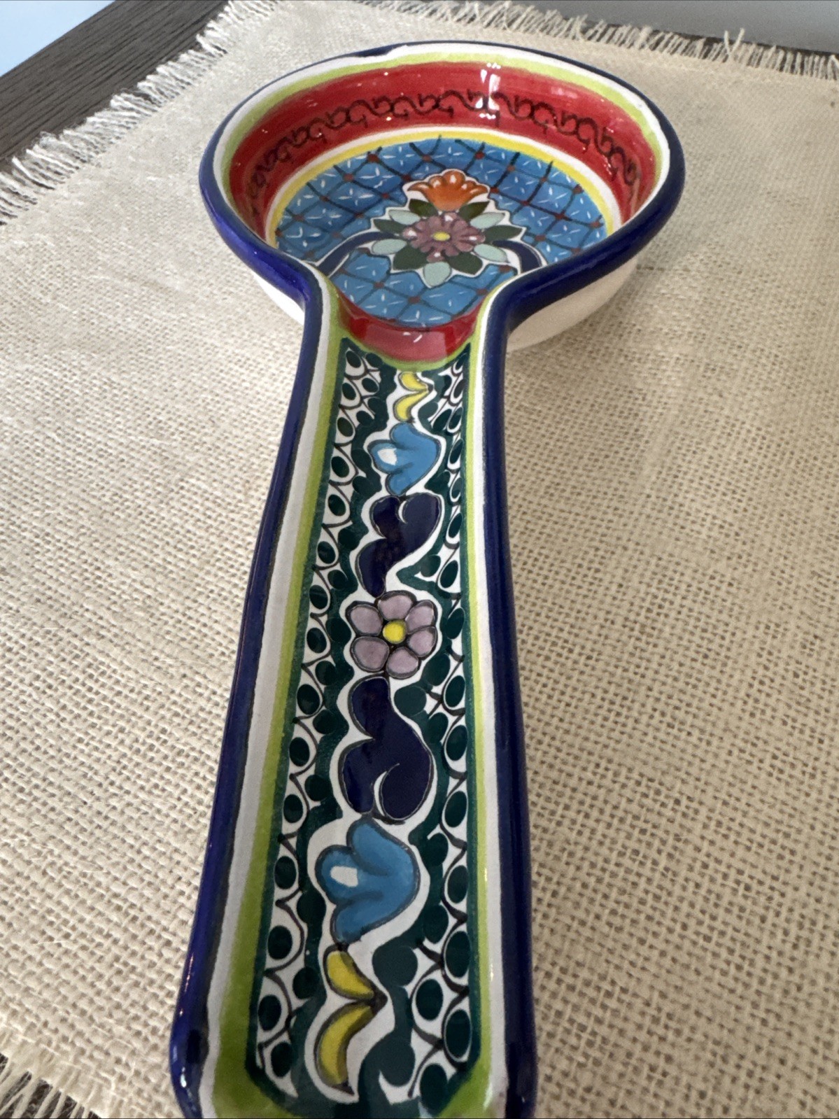 Mexican Pottery Hand painted Spoon Rest Floral Talavera Style Bright Colors