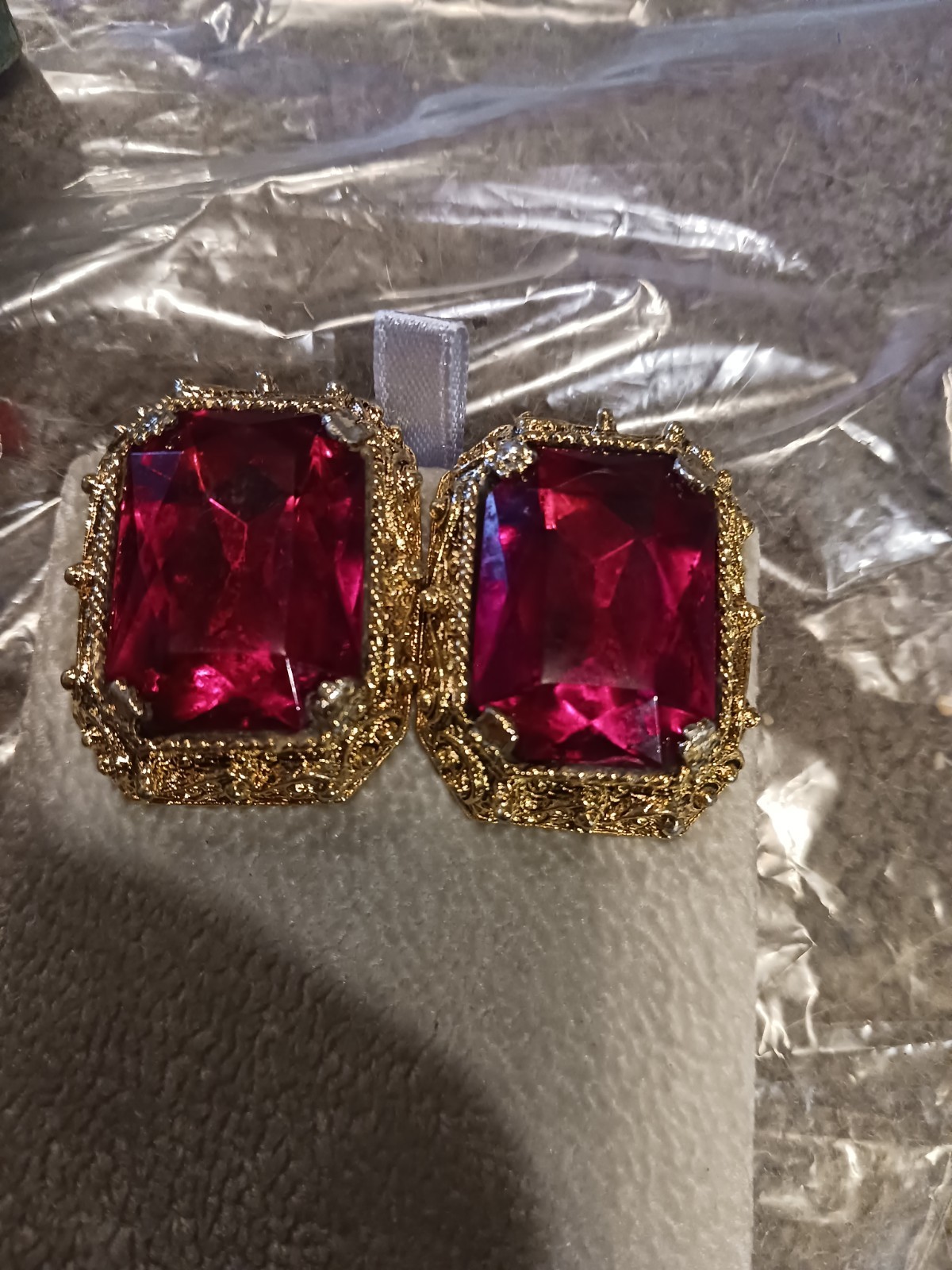 Ruby Red Emerald Cut Rhinestone Earrings - image 2