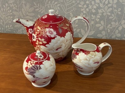 Maxwell Williams Kimono Teekanne 1,25 l Zucker & Milchkännchen Set, rot geblümt
