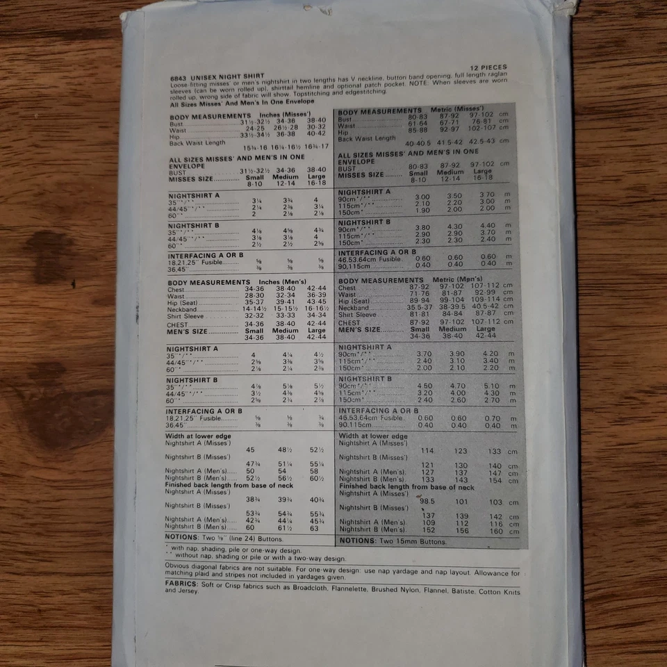 Butterick #6843.  Unisex Nignt Shirt Pattern.  SM, M, LG. Printed 1980s. CUT - Image 2 of 2