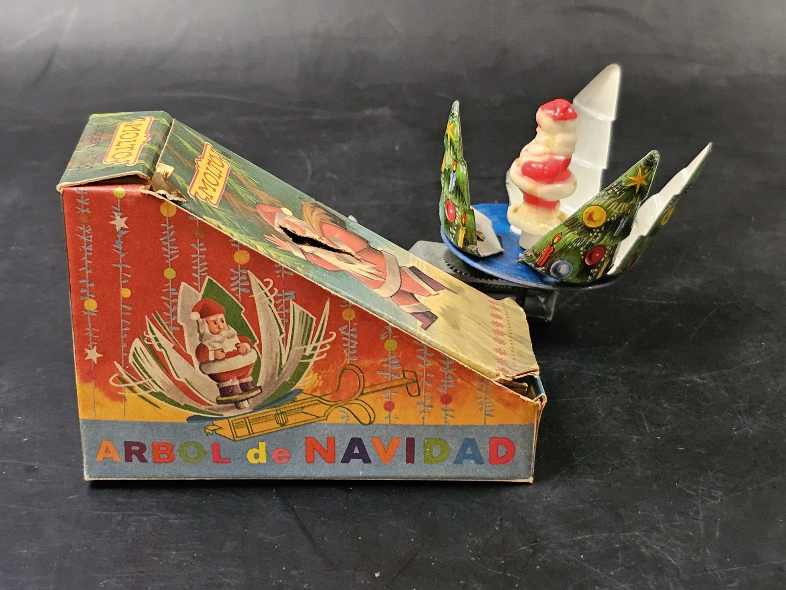 Vintage Tin Spinning Christmas Tree Push Toy 1950's Santa Molto Spain 