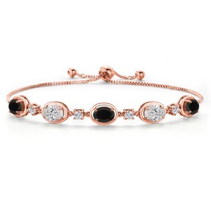 Authentic 18K Rose Gold Plated Silver Onyx and White Lab Grown Diamond Bracelet For Women