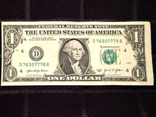Misaligned Off Center Fancy Serial Number 7630778 Error 2021 One Dollar Bill