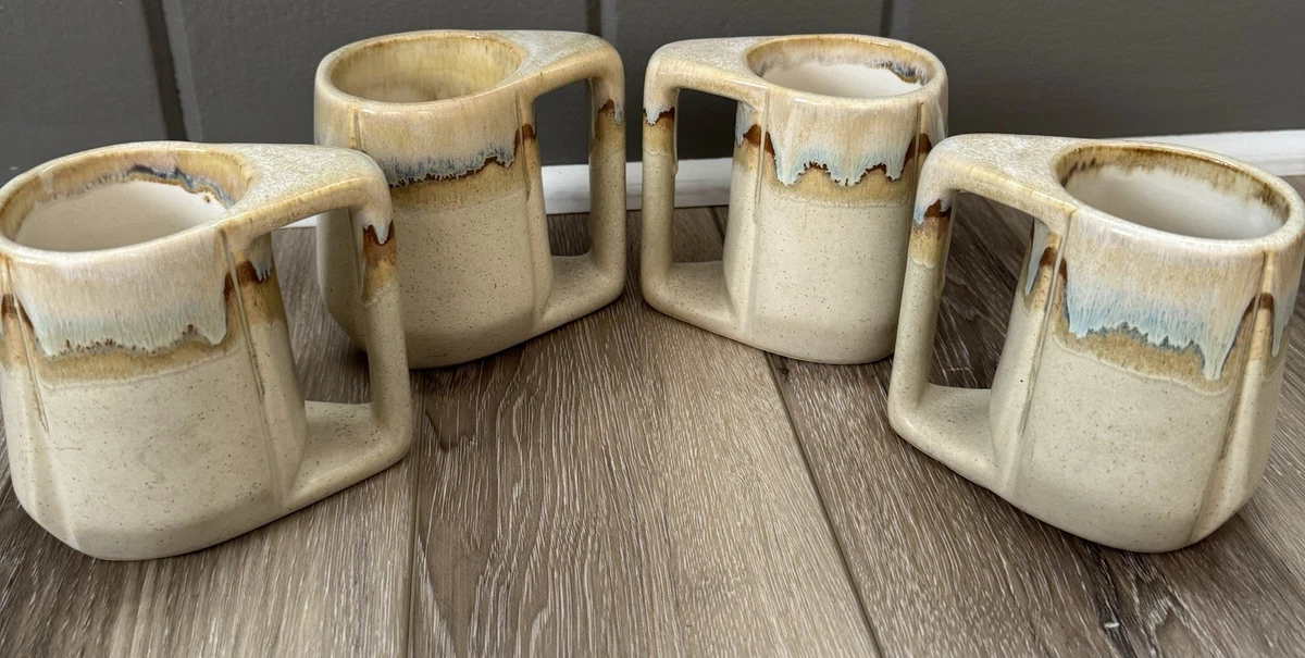 Lot De 4 Tasses à Café Vintage Rodolfo Padilla – Grès Émaillé Goutte à Goutte – Support Bois – 1984