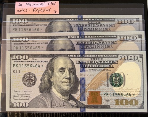3X $100 Bill SEQUENTIAL STAR NOTE ⭐️ US Currency Palindrome Rare Serial UNC-MINT