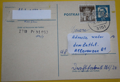 Ganzsache Postkarte DBP MI: P79, 489. Ab Plockhorst/Bielefeld 25.8.1969 (11.532)