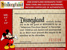 1968 Disneyland MONSANTO TICKET Vintage Disney Tickets NEAR MINT With COA K13