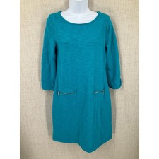 Talbots Shift Dress Women S Teal 100% Cotton 3/4 Sleeve Zip Pocket Minimalist