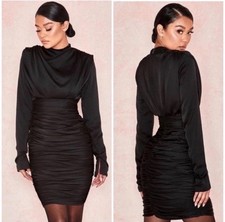 House of CB London Giorgiana Mini Dress Sz. Small Ruched Long Sleeve Black Satin