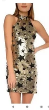 Glamorous Sequin Gold Star Halter Neck Mini Dress  10   Gold/Black