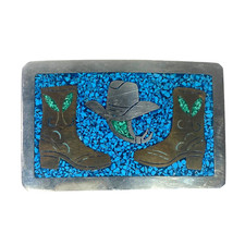 Vintage Mexico Silver Belt Buckle Turquoise Copper Inlay Cowboy Hat Boots 1980's