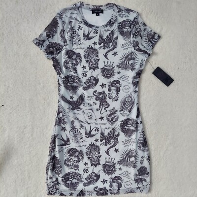 Y2k Ed Hardy Flashboard Mesh Tattoo T-shirt Bodycon Dress