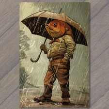 4x6"  Fish Man Human Rain Umbrella Weird Strange Funny Ironic Out Of Water