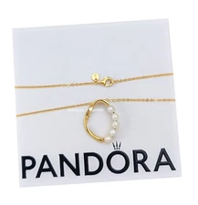 NEW 100% PANDORA Gold Pavé Circle & Cultured Pearls Pendant Necklace 363254C01