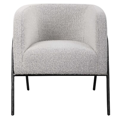 Retro Modern Gray Barrel Back Accent Chair Iron Frame Textured Fabric Scandi