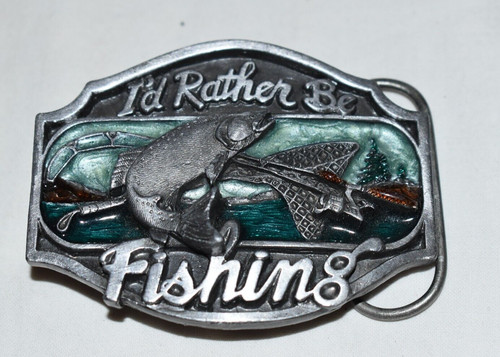 Vintage 1989 Arroya Grande " I`d Rather Be Fishing " Pewter 3D BELT BUCKLE USA