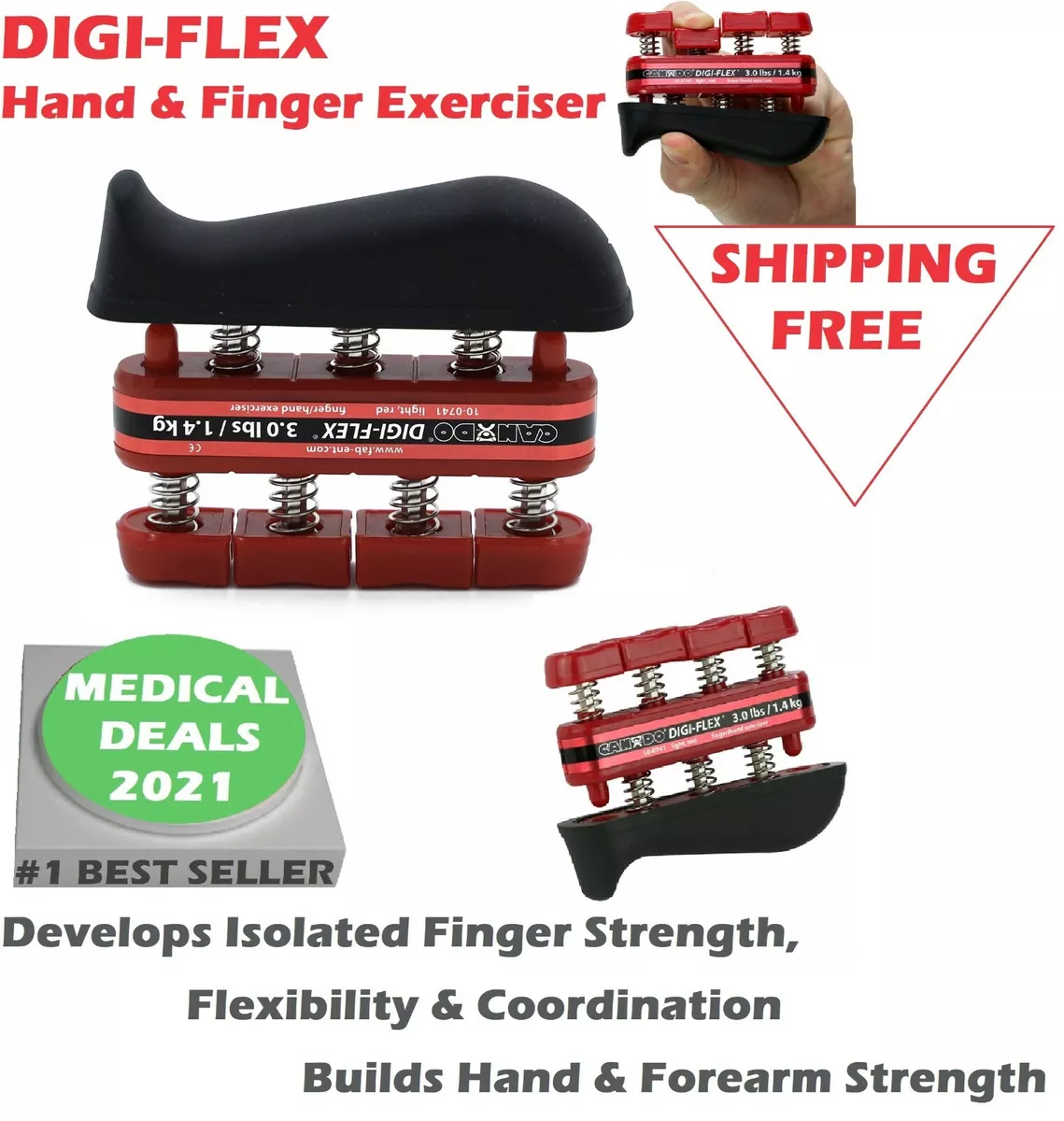 CANDO Digi Flex RED Hand and Finger Exercise System 3 lbs Resistance NON LATEX