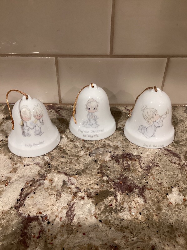 Three Precious Moments Christmas Bells Ornaments.  1985