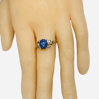 Vintage 14K White Gold Blue Star Sapphire Diamond Ring Marked WS Size 