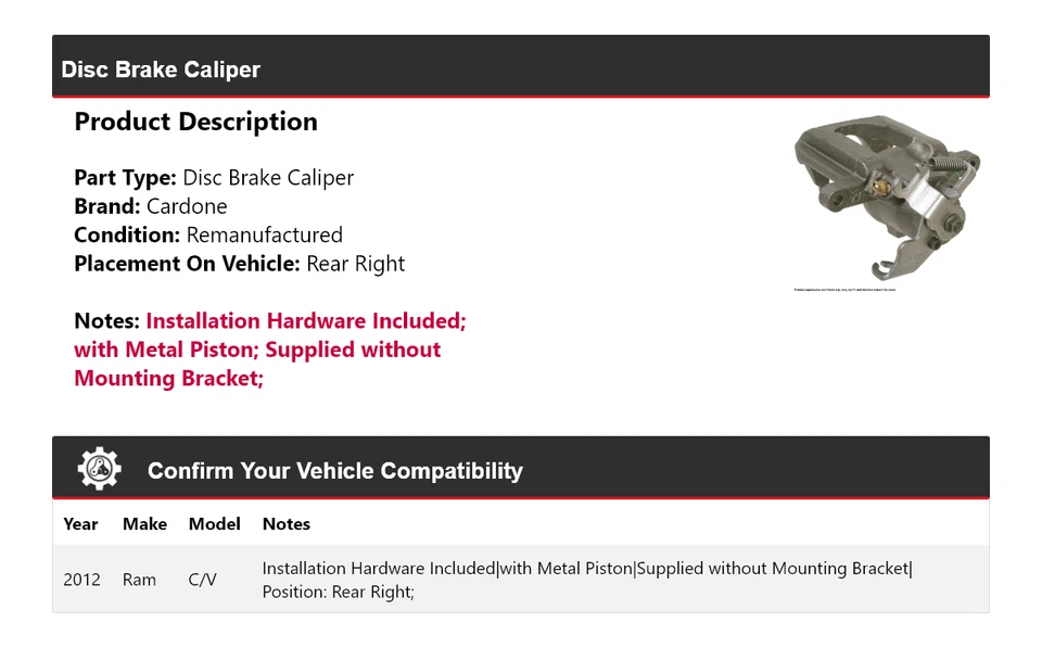 Pinza de freno de disco trasera derecha Cardone Ram C/V 2012 Foto 2 de 4
