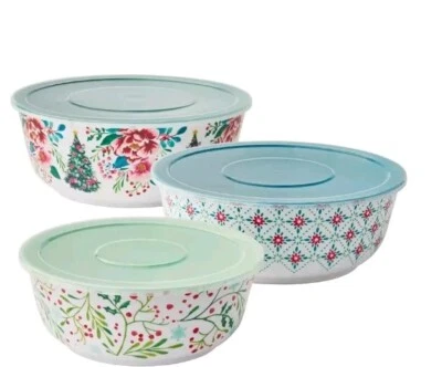 Pioneer Woman ~ 6-Piece Melamine Bowl Set ~ Nesting Bowls w/Lids ~ MERRY PRINT