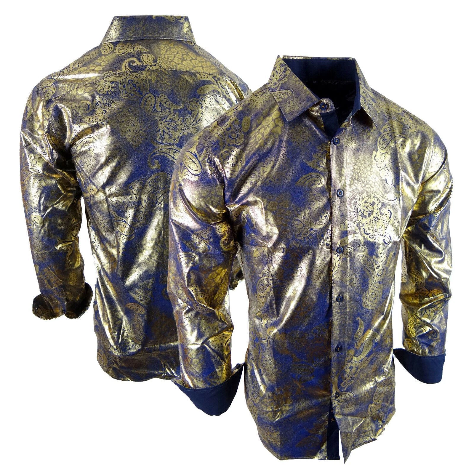 Mens Blue Shirt Shiny Gold Paisley Floral Coating Stretch Button Up Casual Dress
Opens in a new wind