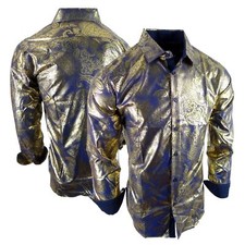 Mens Blue Shirt Shiny Gold Paisley Floral Coating Stretch Button Up Casual Dress