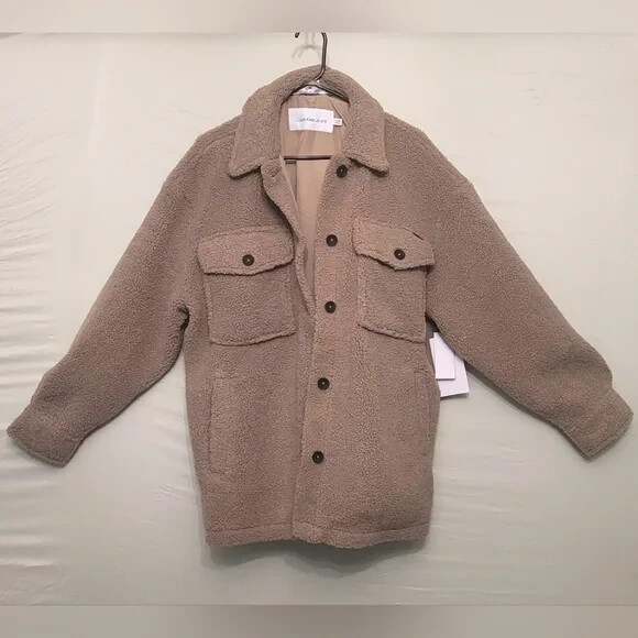 NWT Calvin Klein XL Tan Sherpa Collared Teddy Coat Jacket Button Front