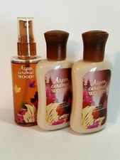 Bath Body Works Aspen Caramel Woods Fragrance Mist & Lotion Set x3 Rare Travel