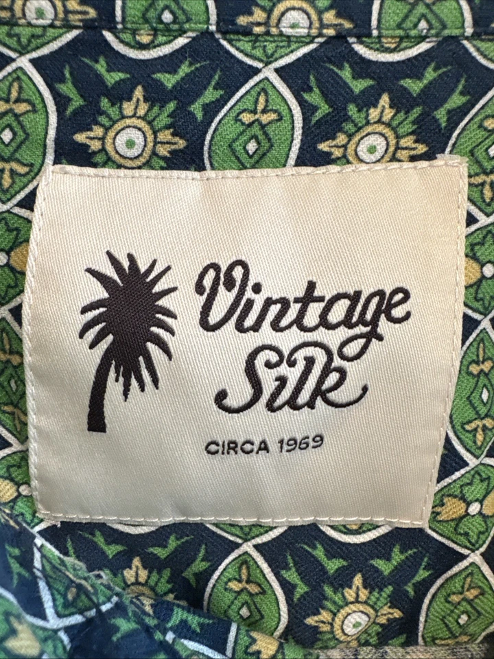 Camisa retro abotonada vintage de seda con estampado geométrico para hombre XXL manga corta verde Foto 2 de 4