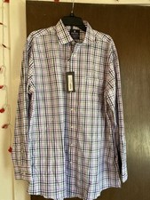 Stafford Men  s Fitted Dress Shirt NWT Purple Grey Plaid Easy Care Size 17 34/35