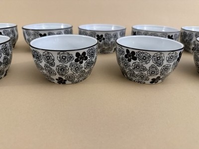 Set of 9 Black & White Floral Ceramic Bowls 4.5'' Rice Dessert Dipping Sauce