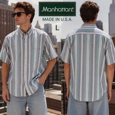 Manhattan Mens Large Green Blue Striped Short Sleeve Button Down Shirt USA Made