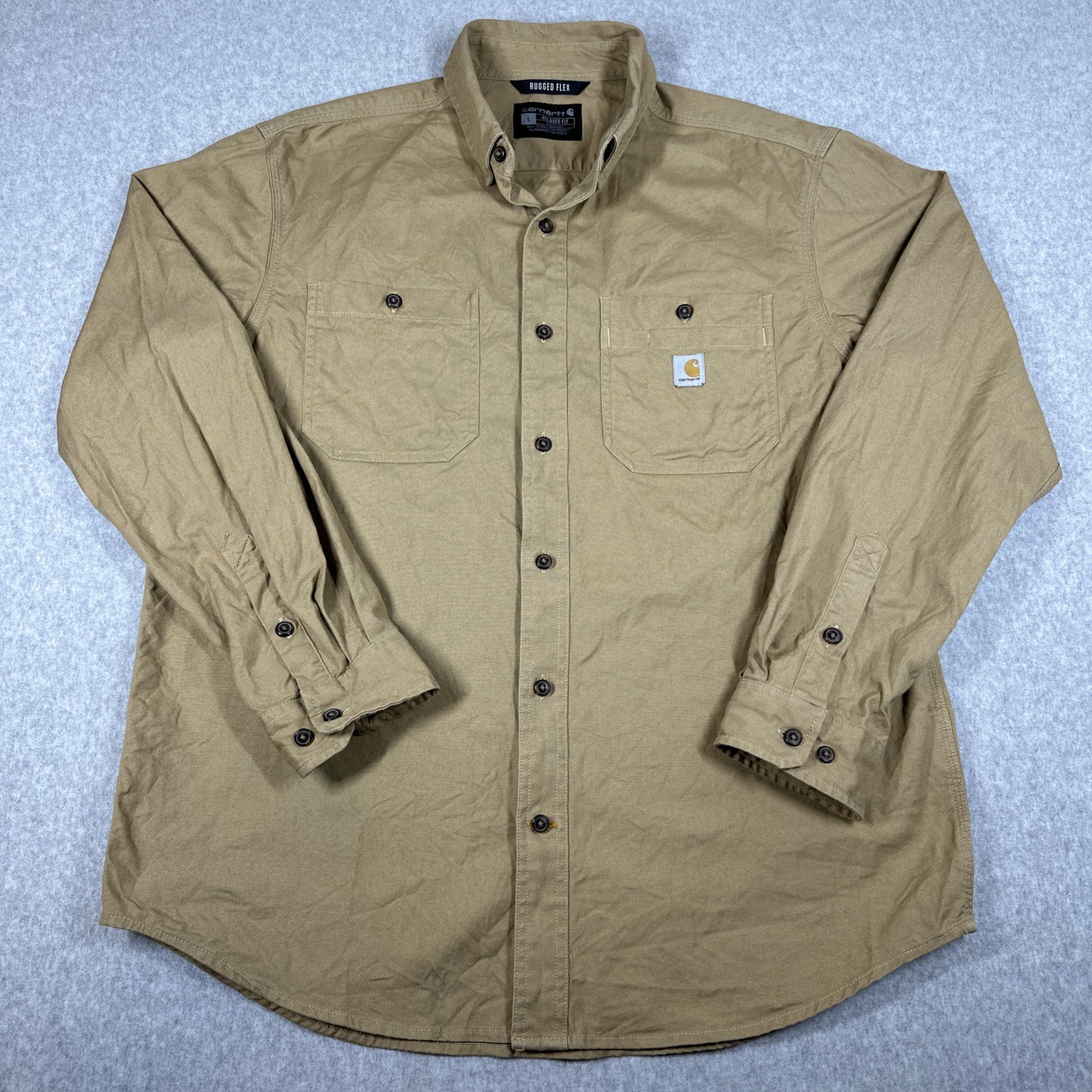 Carhartt Rugged Flex Relaxed Fit Canvas Long Sleeve Men's Large Tan Work Shirt