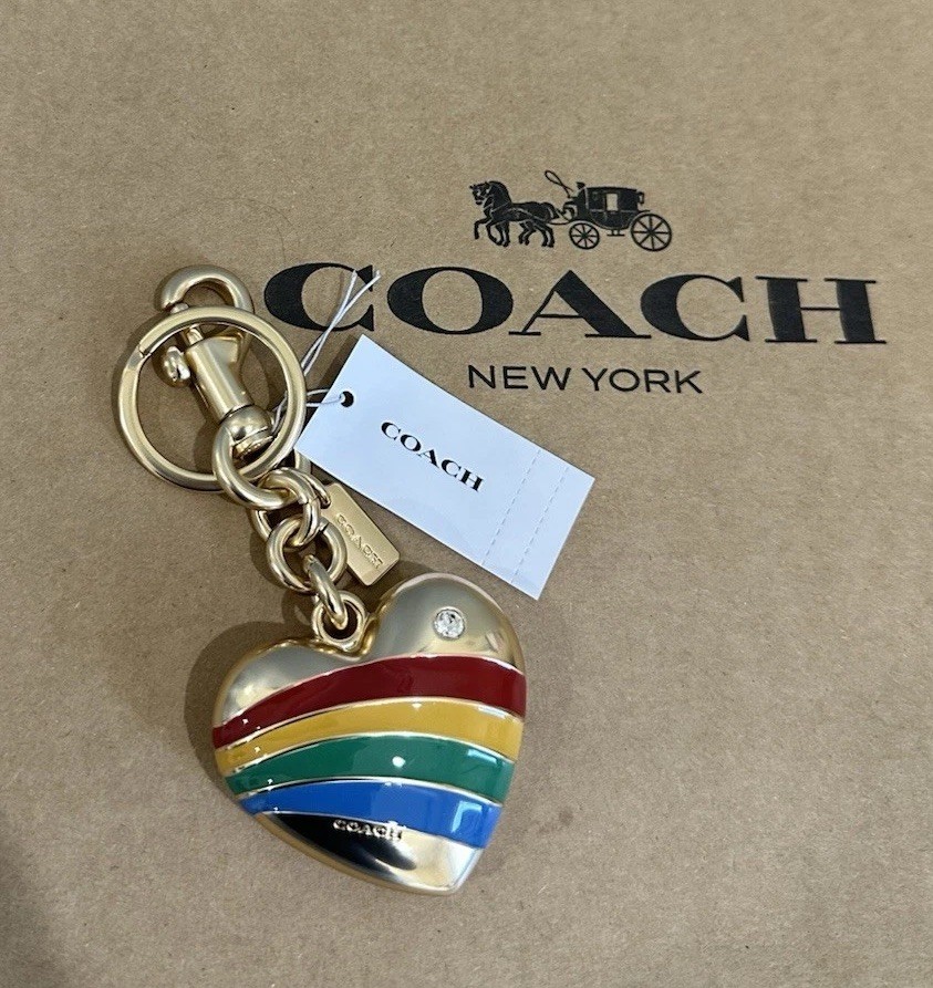 NWT COACH Rainbow Heart Bag Charm Key Ring FOB Gold Multi CAX71 | eBay