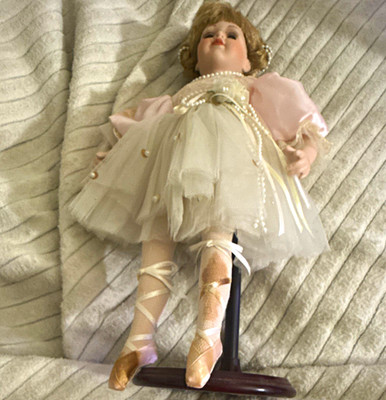 Porcelain Girl Doll Blonde Curly Hair Blue Eyes Pink & White Dress w/ Stand