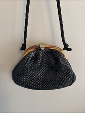 Vintage Italy Black Woven Straw Wood Metal Closing Bag Purse 10 x 8 x 4