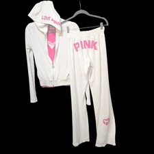 VTG Victoria’s Secret PINK VS White Terrycloth Outfit Flare Hoodie Dog Heart S