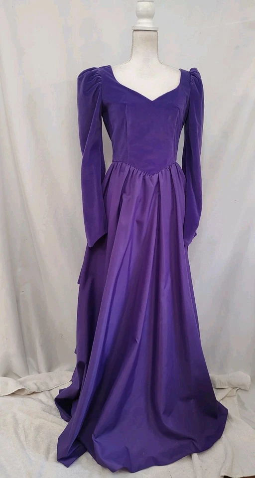 Vestido Vintage Años 80 Terciopelo Top Tafetán Falda Volantes Lazo Espalda Fiesta Baile de graduación Púrpura 10 Foto 2 de 4