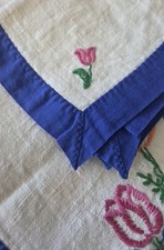Vintage Hand Embroidered Floral Linen Table Topper Small Tablecloth 28" x 29"