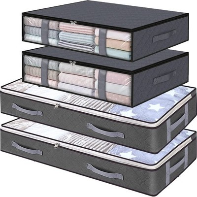 4 PCS Under Bed Storage Containers Large Capacity Fabric Clear Window Gray
